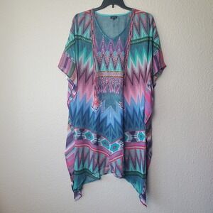 SOUTH BEACH Womens Multicolor Sheer Boho Lightweight Swimsuit Cover-Up Dress M/L